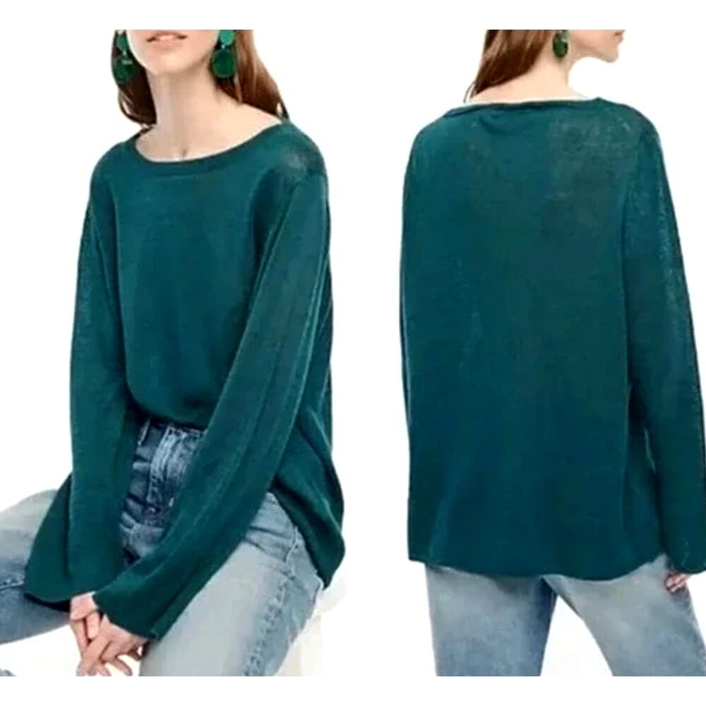 NWT J. Crew Relaxed-fit linen crewneck sweater emerald green XXS Oversized